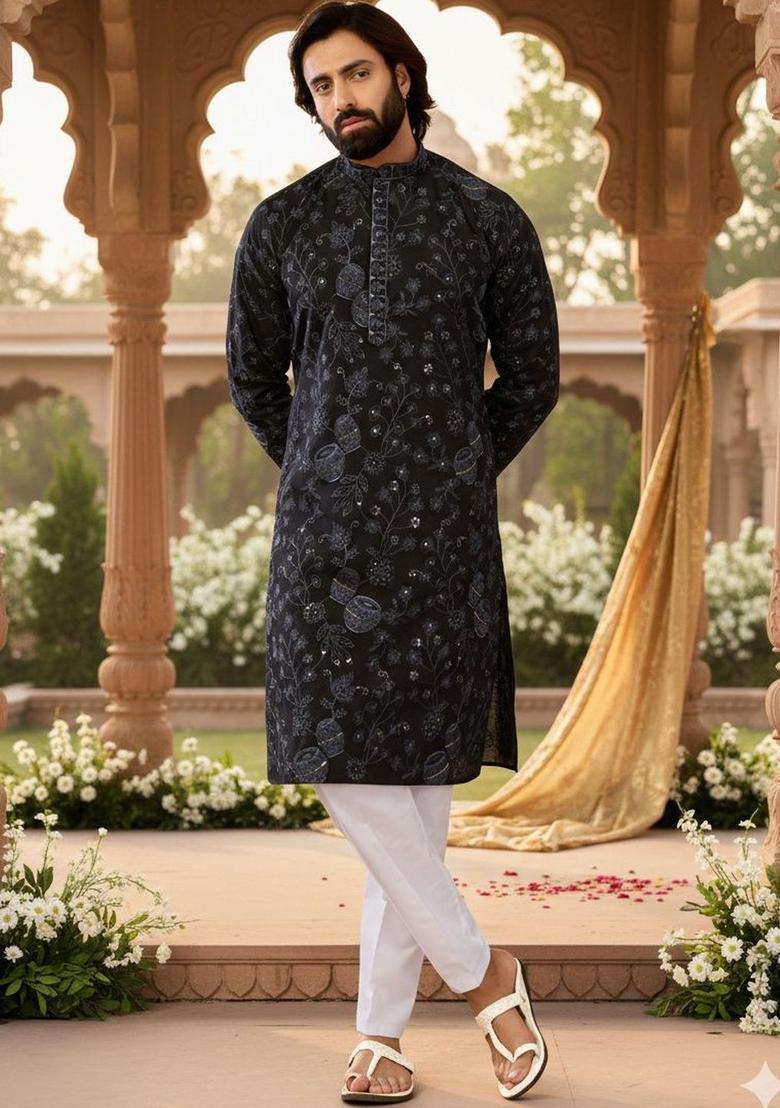 Black Printed Cotton Kurta Set For Men - Indya
