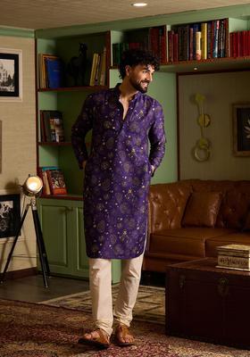 Purple Printed Silk Kurta Set For Men