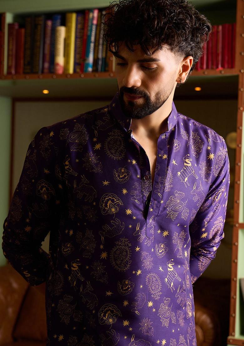 Purple Printed Silk Kurta Set For Men - Indya