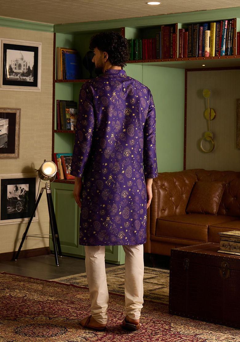 Purple Printed Silk Kurta Set For Men - Indya