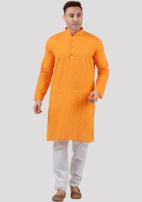 Orange Woven Design Cotton Kurta Set For Men