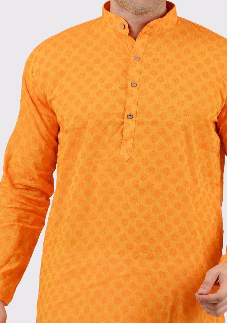 Orange Woven Design Cotton Kurta Set For Men - Indya