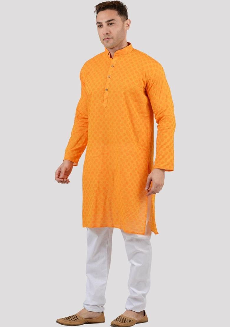 Orange Woven Design Cotton Kurta Set For Men - Indya