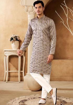 Grey Embroidered Cotton Kurta Set For Men