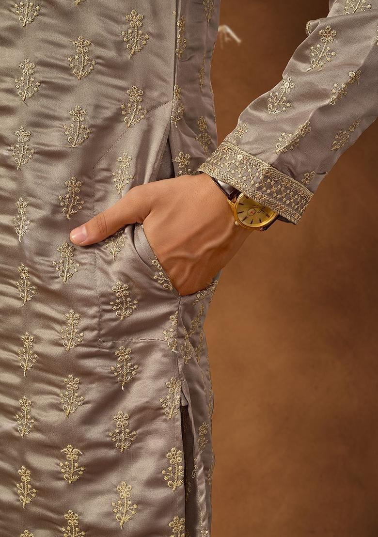 Grey Embroidered Cotton Kurta Set For Men - Indya