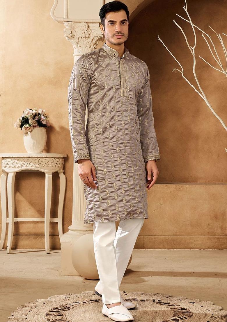 Grey Embroidered Cotton Kurta Set For Men - Indya