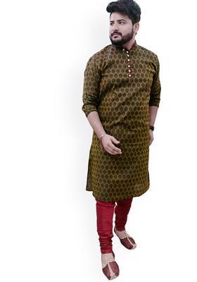 Black Printed Cotton Kurta Set For Men