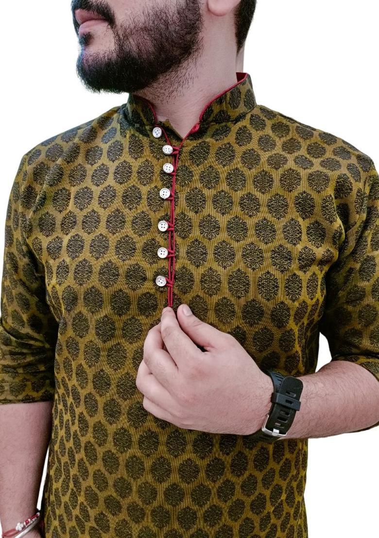 Black Printed Cotton Kurta Set For Men - Indya