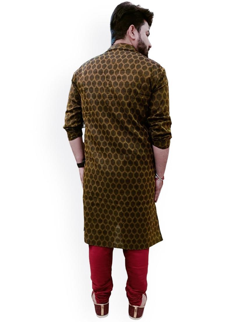 Black Printed Cotton Kurta Set For Men - Indya