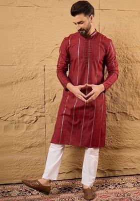 Maroon Striped Cotton Kurta Set For Men