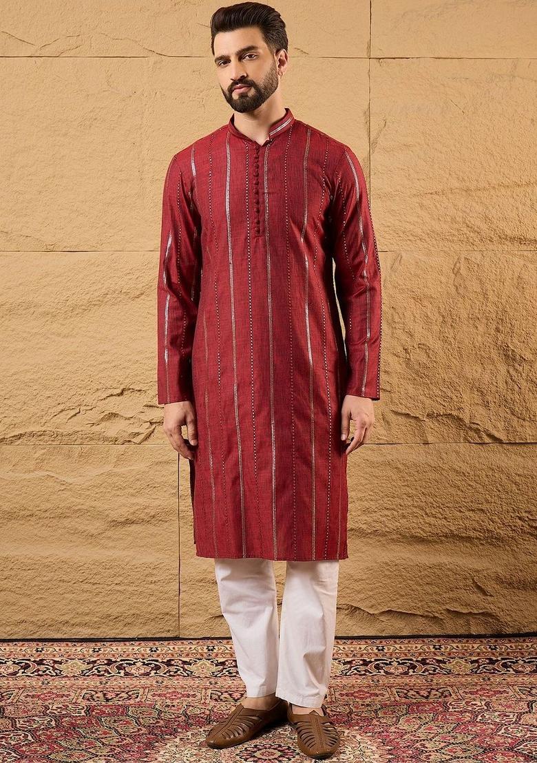 Maroon Striped Cotton Kurta Set For Men - Indya