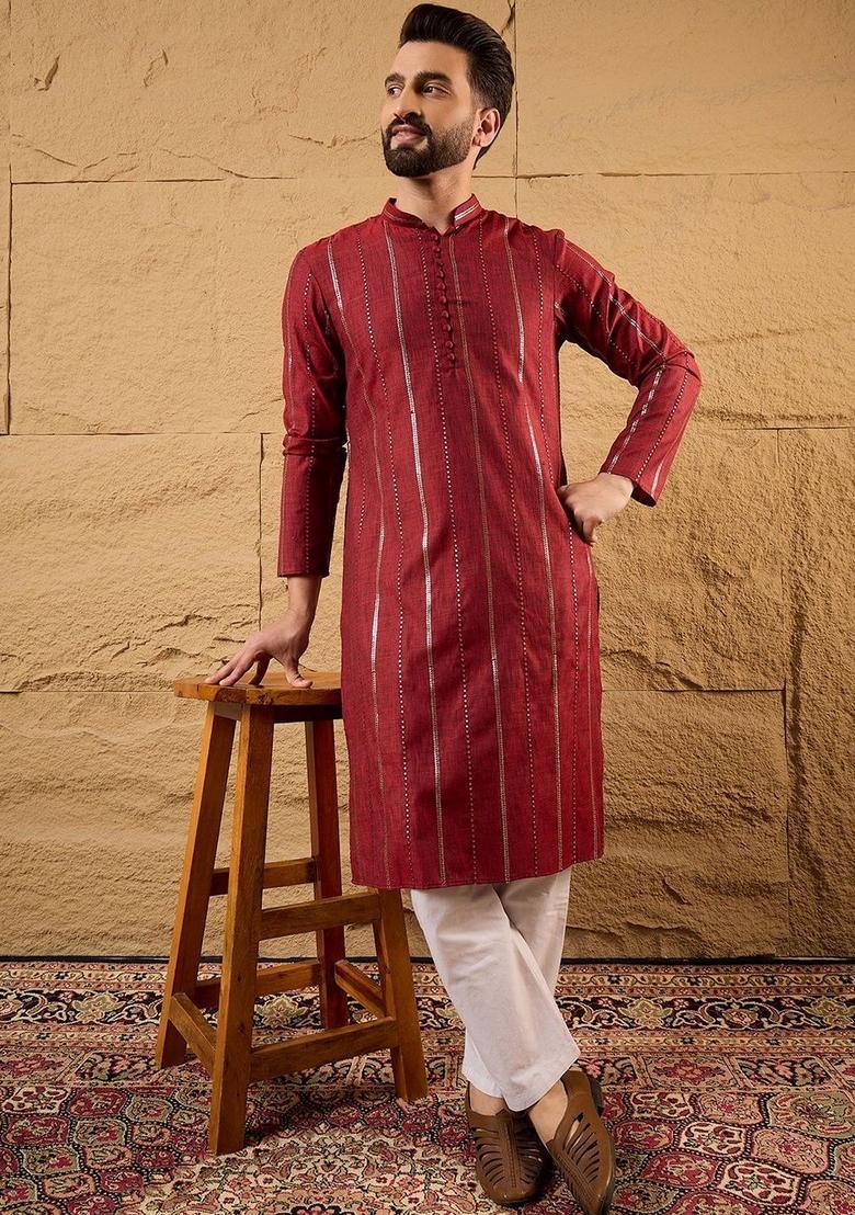 Maroon Striped Cotton Kurta Set For Men - Indya