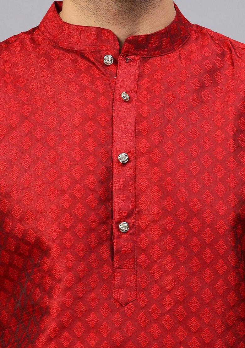 Red Printed Silk Kurta Set For Men - Indya