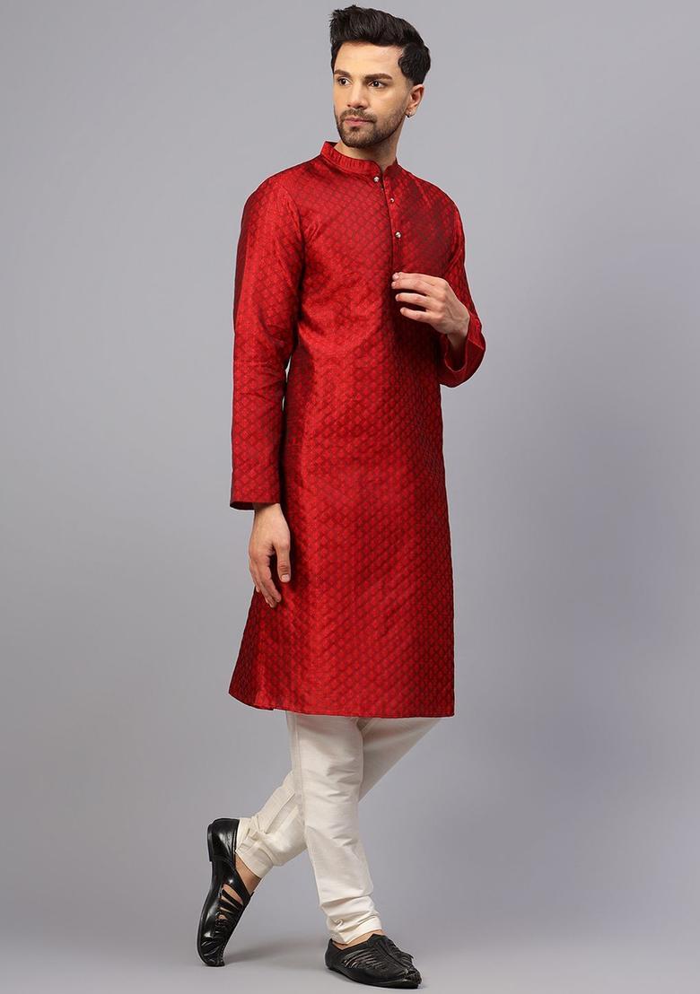 Red Printed Silk Kurta Set For Men - Indya