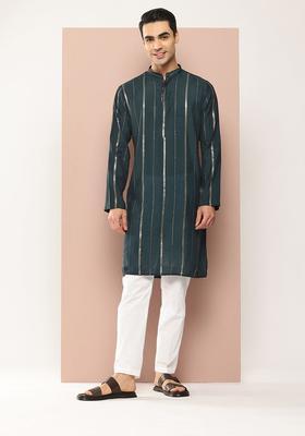 Teal Embroidered Silk Kurta Set For Men