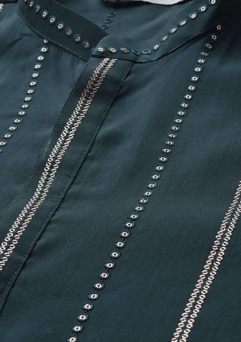 Teal Embroidered Silk Kurta Set For Men - Indya