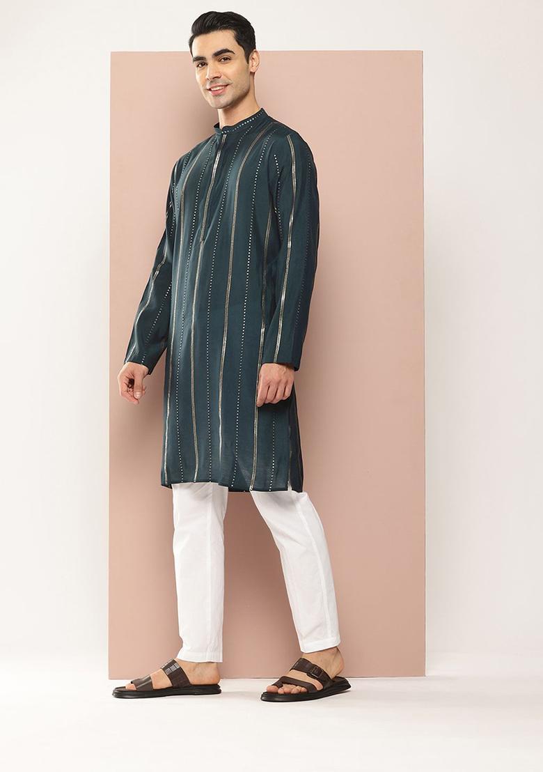 Teal Embroidered Silk Kurta Set For Men - Indya