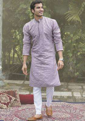 Lavender Embroidered Cotton Kurta Set For Men