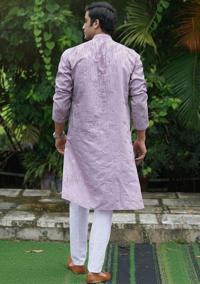 Lavender Embroidered Cotton Kurta Set For Men - Indya