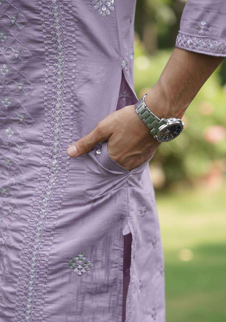 Lavender Embroidered Cotton Kurta Set For Men - Indya