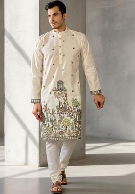 Off White Embroidered Cotton Kurta Set For Men