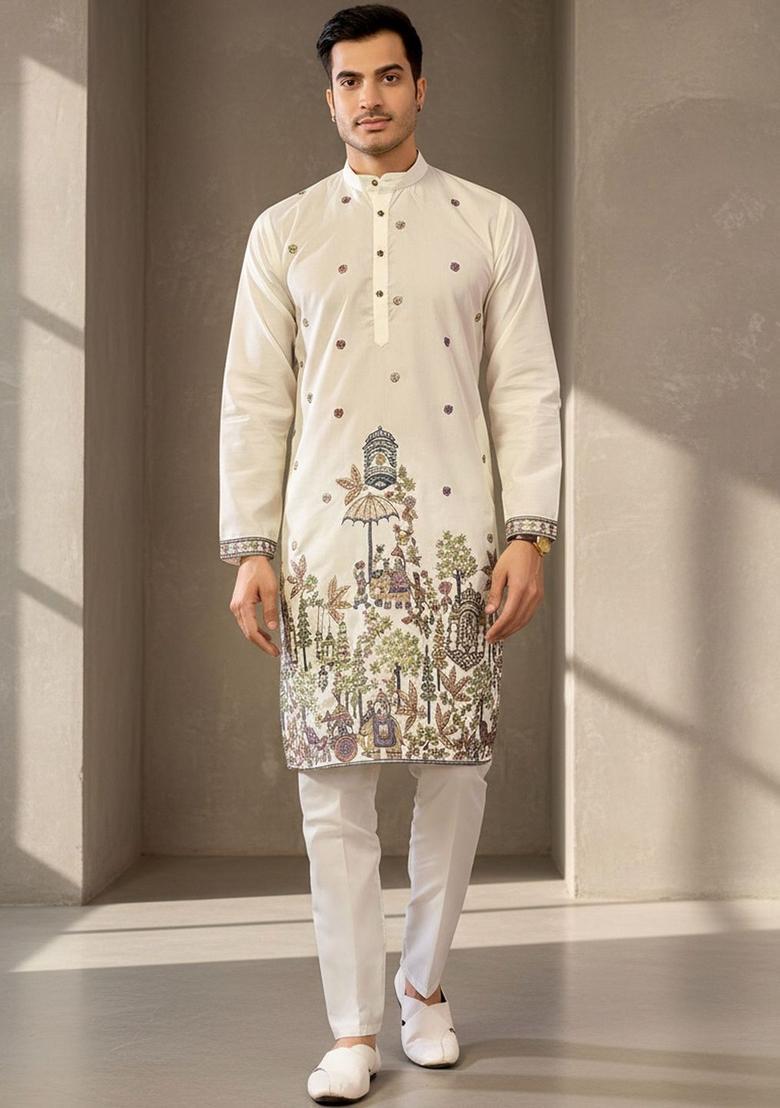Off White Embroidered Cotton Kurta Set For Men - Indya