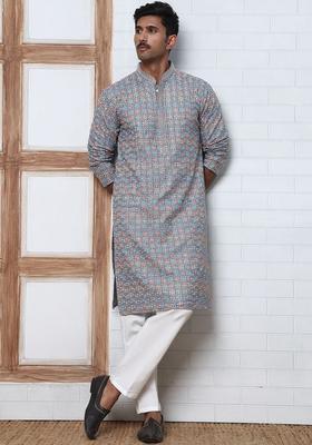 Grey Embroidered Viscose Kurta Set For Men