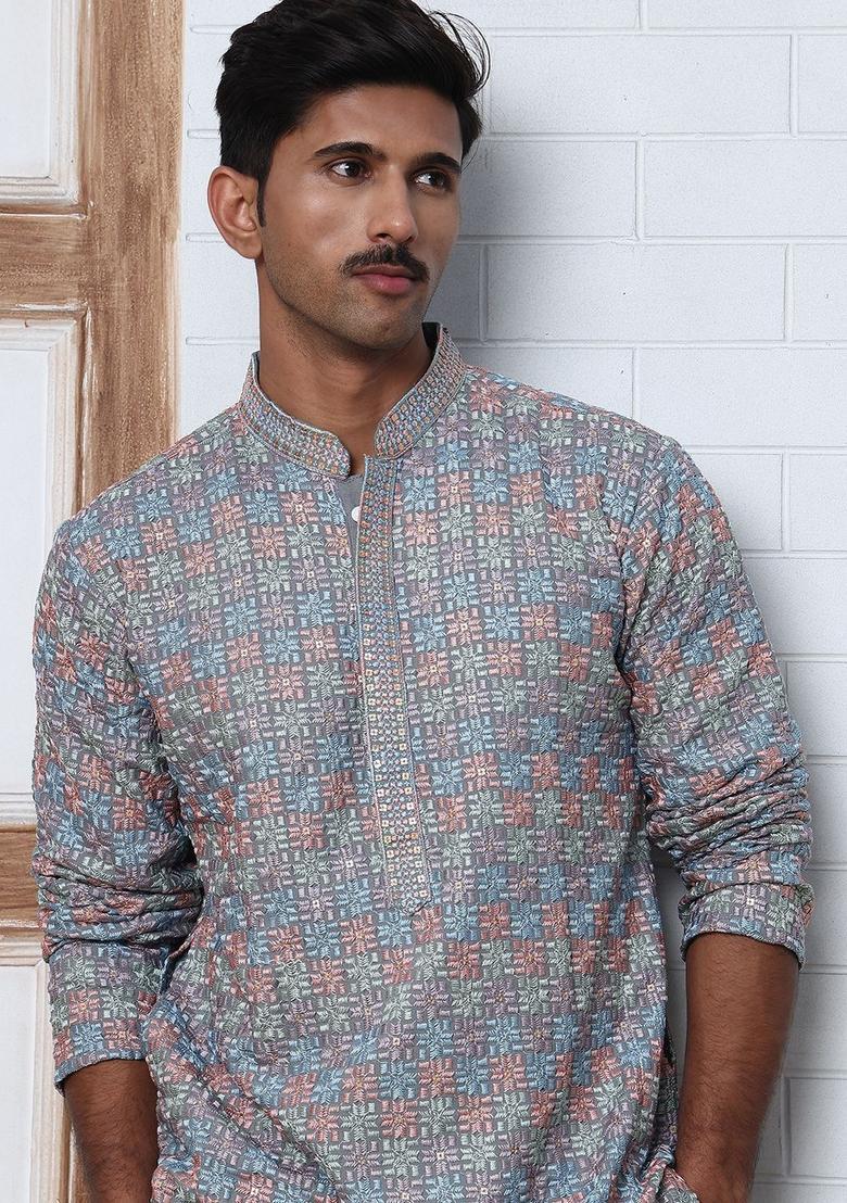 Grey Embroidered Viscose Kurta Set For Men - Indya
