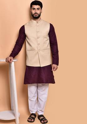 Purple Solid Cotton Kurta Set For Men