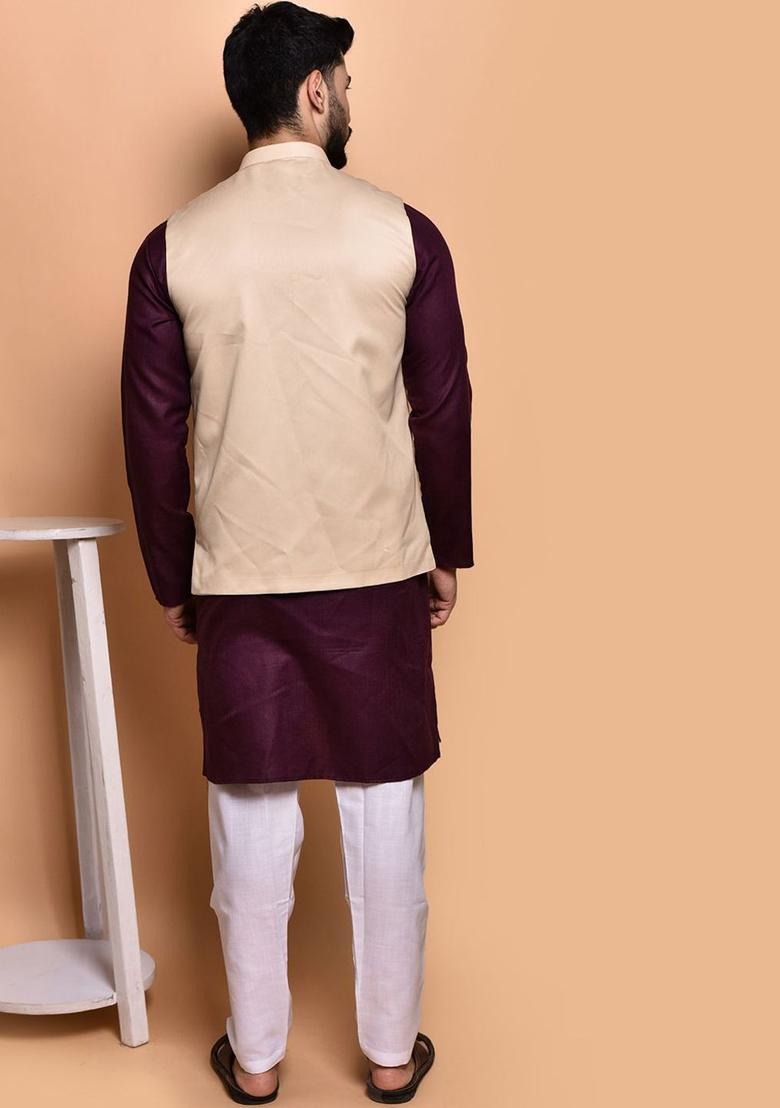 Purple Solid Cotton Kurta Set For Men - Indya