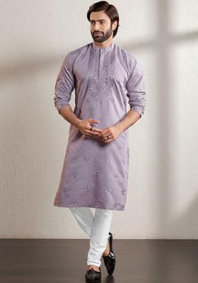 Lavender Embroidered Silk Kurta Set For Men