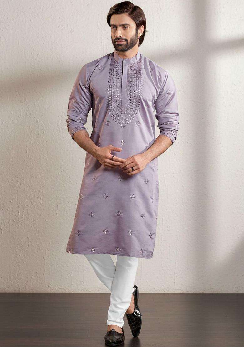 Lavender Embroidered Silk Blend Kurta Set For Men - Indya