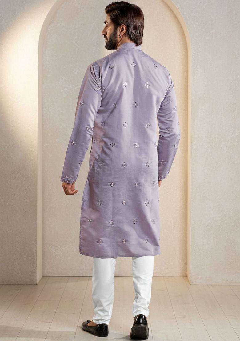 Lavender Embroidered Silk Blend Kurta Set For Men - Indya
