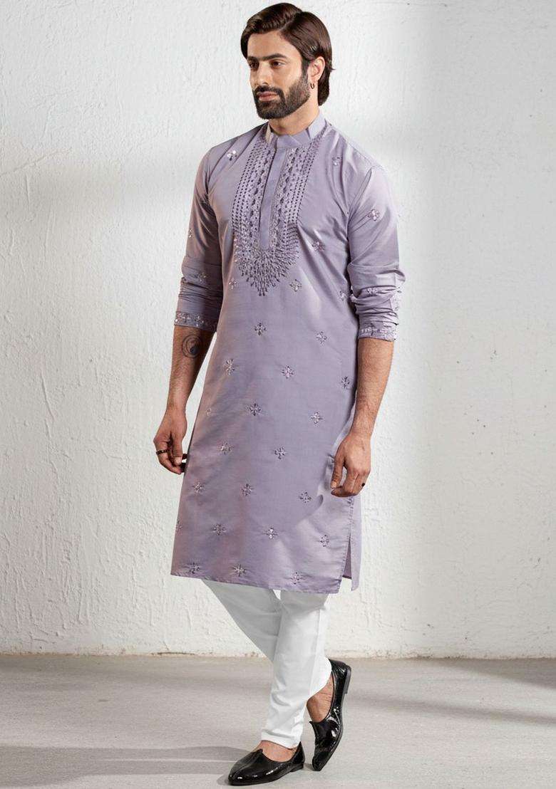 Lavender Embroidered Silk Blend Kurta Set For Men - Indya