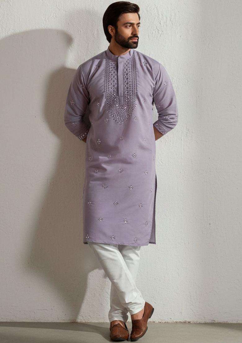 Lavender Embroidered Silk Blend Kurta Set For Men - Indya