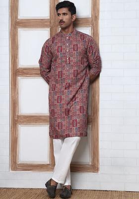 Maroon Printed Cotton Kurta Set For Men