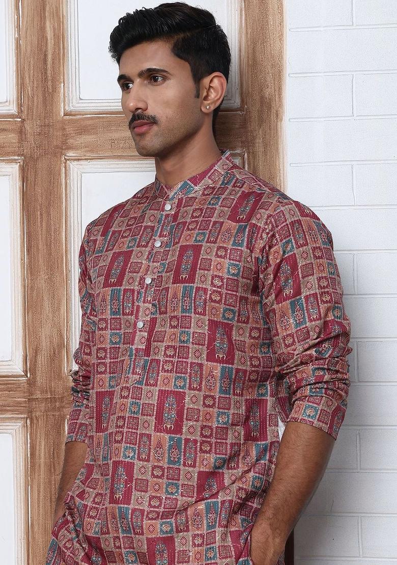 Maroon Printed Cotton Kurta Set For Men - Indya