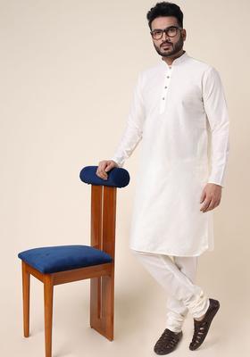Cream Woven Design Silk Blend Kurta Set For Men