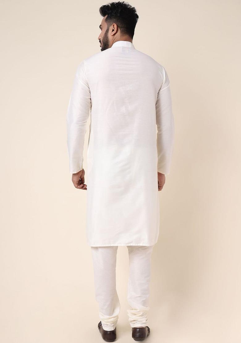 Cream Woven Design Silk Kurta Set For Men - Indya