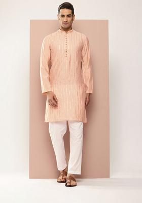 Peach Embroidered Silk Kurta Set For Men