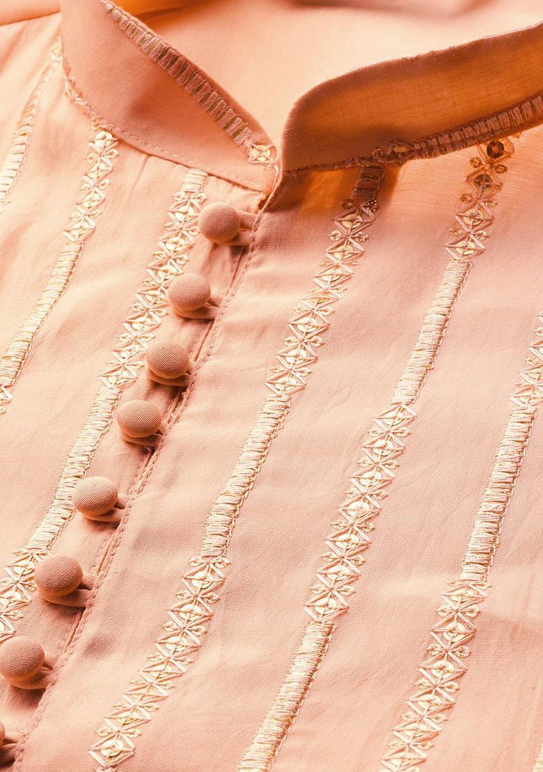 Peach Embroidered Silk Kurta Set For Men - Indya