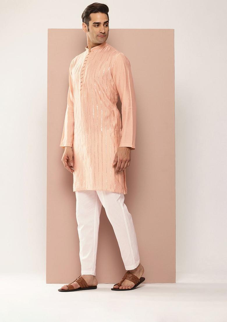 Peach Embroidered Silk Kurta Set For Men - Indya