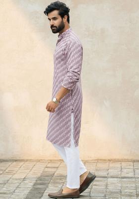 Mauve Printed Cotton Kurta Set For Men