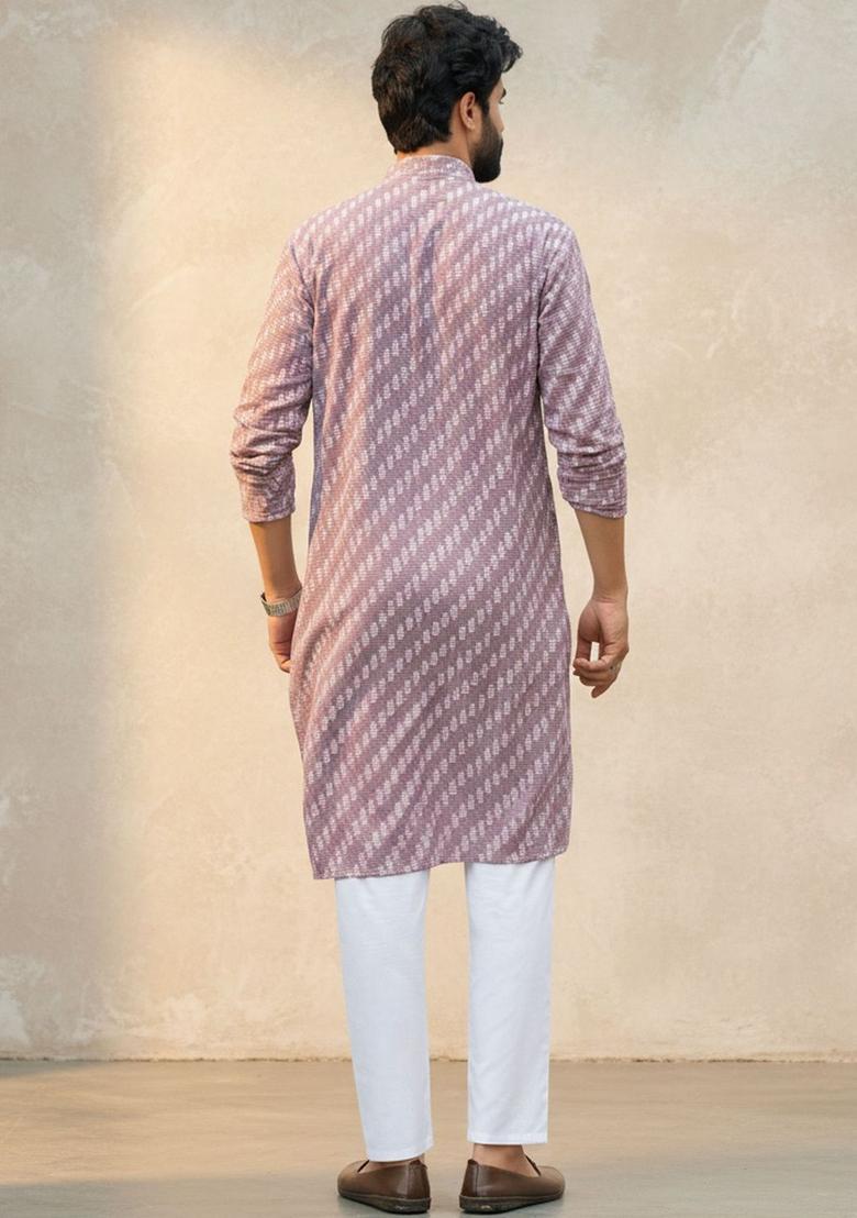 Mauve Printed Cotton Kurta Set For Men - Indya
