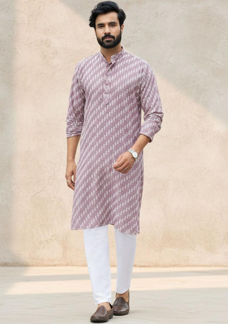 Mauve Printed Cotton Kurta Set For Men - Indya