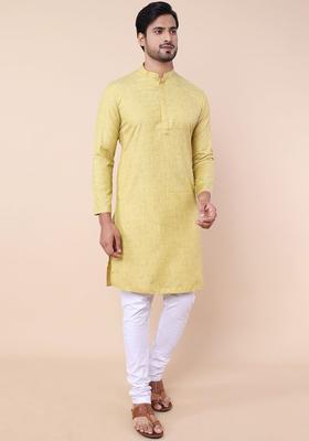 Lime Green Woven Design Cotton Kurta Set For Men