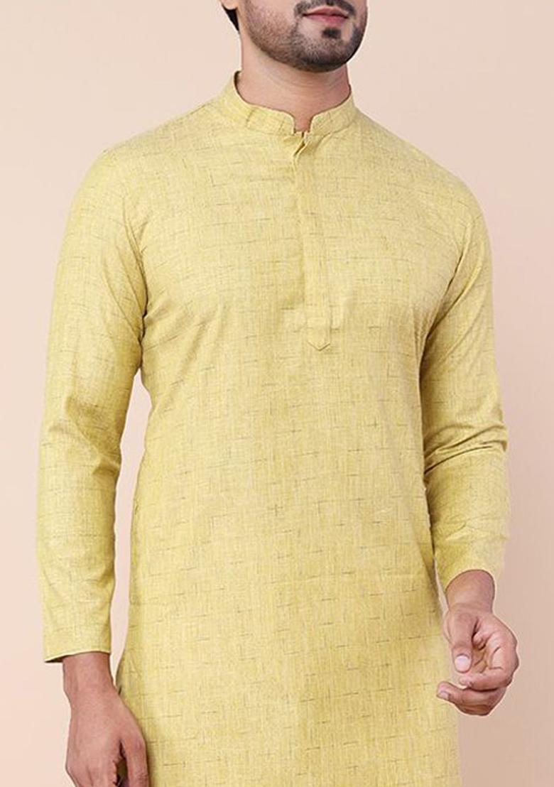 Lime Green Woven Design Cotton Kurta Set For Men - Indya