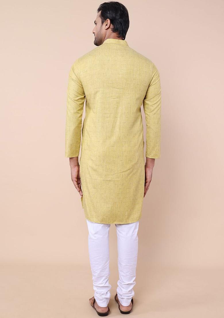 Lime Green Woven Design Cotton Kurta Set For Men - Indya