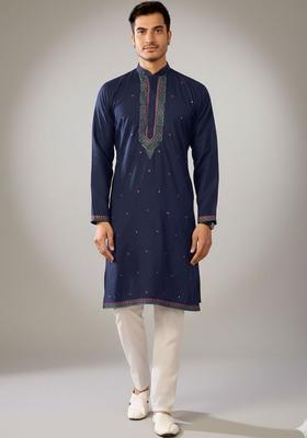 Navy Blue Embroidered Silk Kurta Set For Men