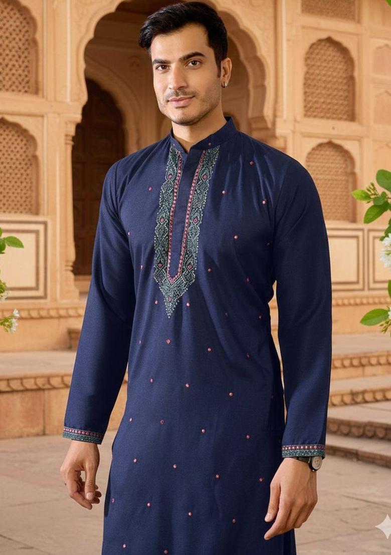 Navy Blue Embroidered Silk Kurta Set For Men - Indya